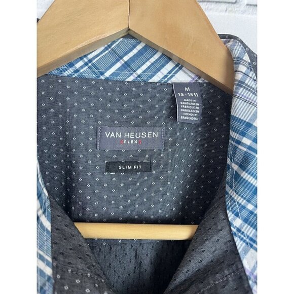 Van Heusen Flex Slim fit blue Diamond dot button down shirt Mens medium 15–15.5 - Picture 3 of 12